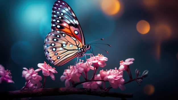 Schmetterling auf einer rosa Blume mit Lichtern im Hintergrund