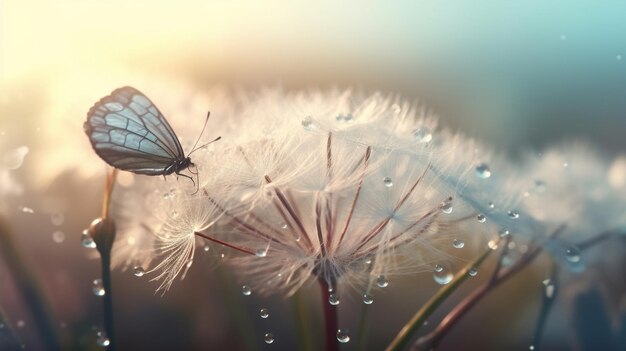 Foto schmetterling auf löwenzahnblume im morgentau generative ki