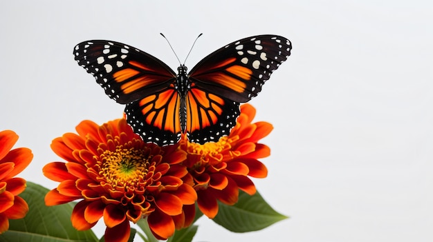 Schmetterling auf orangefarbener Blüte, isoliert auf weißem Hintergrund