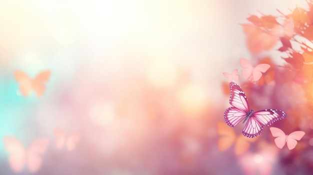 Schmetterling fliegt über einen Baumzweig mit weißen Blumen