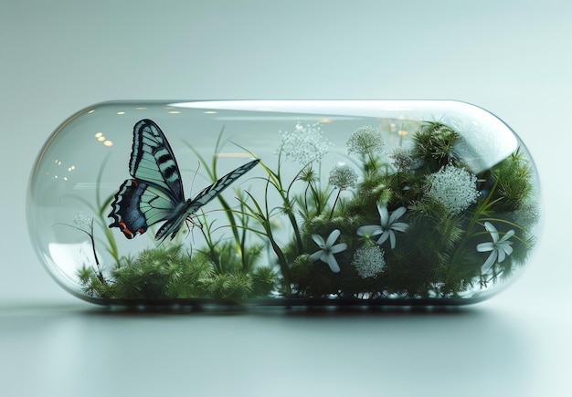 Schmetterling in einer Flasche mit Gras und Blumen Eine weiße Kapsel mit Gras und einem Schmetterlingsinneren