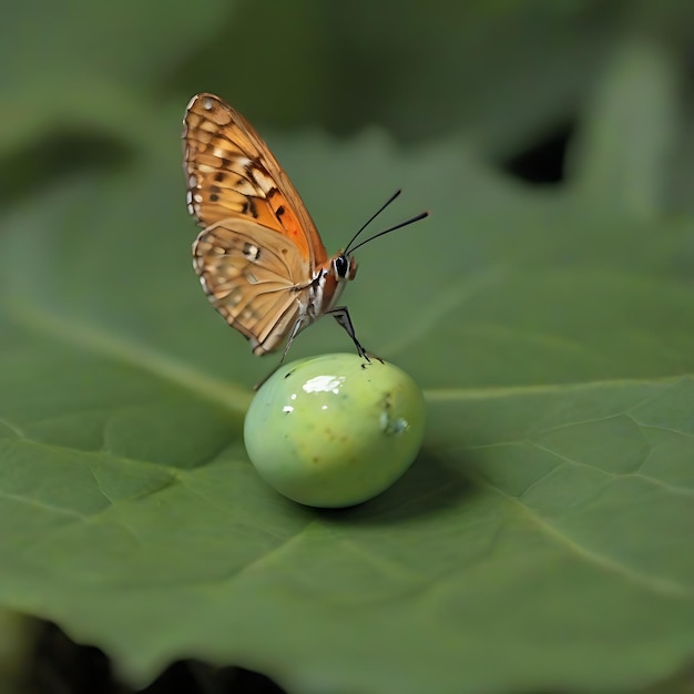 Schmetterling legt vorsichtig ihre Eier auf ein Blatt AI