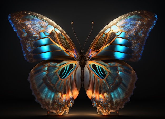 Schmetterling mit blauen Flügeln und goldenen Flügeln auf schwarzem Hintergrund, generative KI