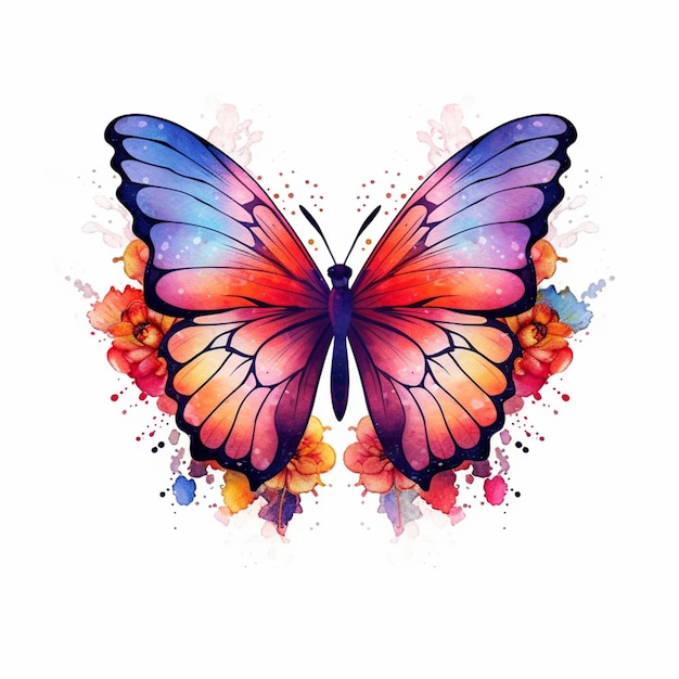 Schmetterling mit bunten Flügeln und Aquarell-Spritzen auf weißem Hintergrund generativ ai