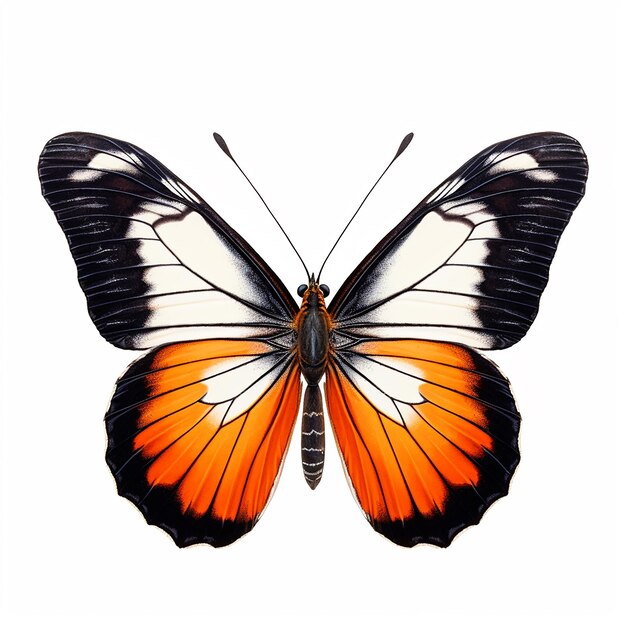 Schmetterling mit orangefarbenen schwarz-weißen Flügeln, die auf einem Hintergrund isoliert sind