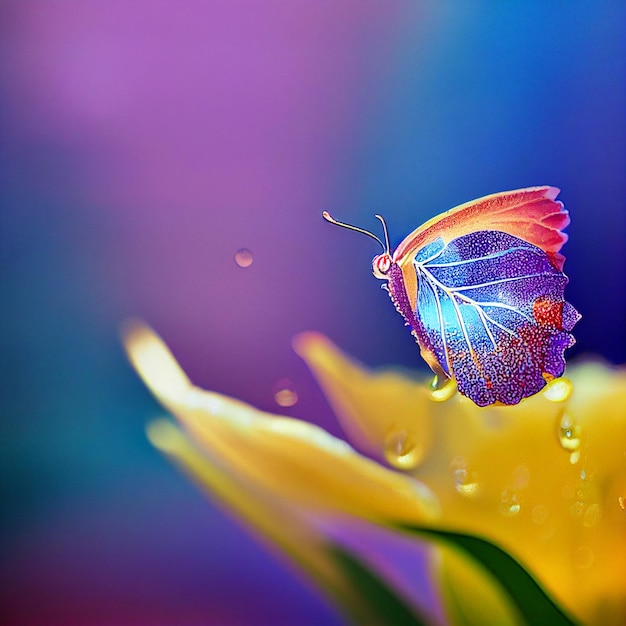 Schmetterling mit Regentropfenblase, fliegend, glänzend im Garten