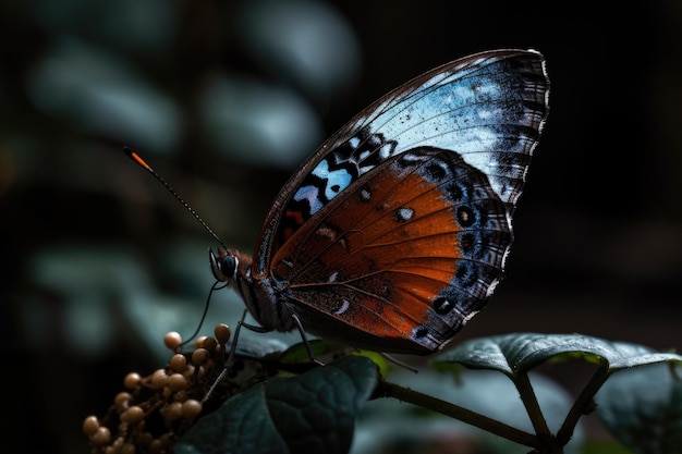 Schmetterling sitzt auf einer grünen Pflanze mit detaillierten Flügeln und sichtbaren Antennen. Generative KI