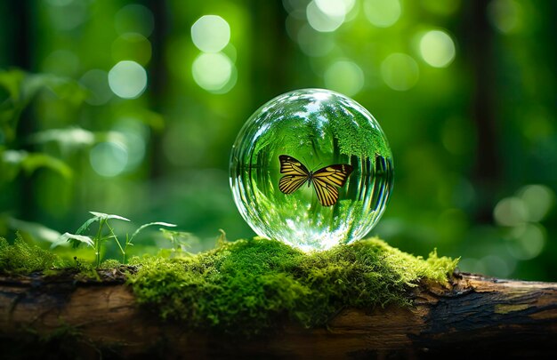 Schmetterling und Kristallkugel auf einem Baumstumpf im Wald, natürlicher grüner Hintergrund, generative KI