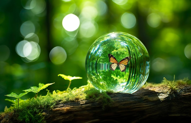 Schmetterling und Kristallkugel auf einem Baumstumpf im Wald, natürlicher grüner Hintergrund, generative KI