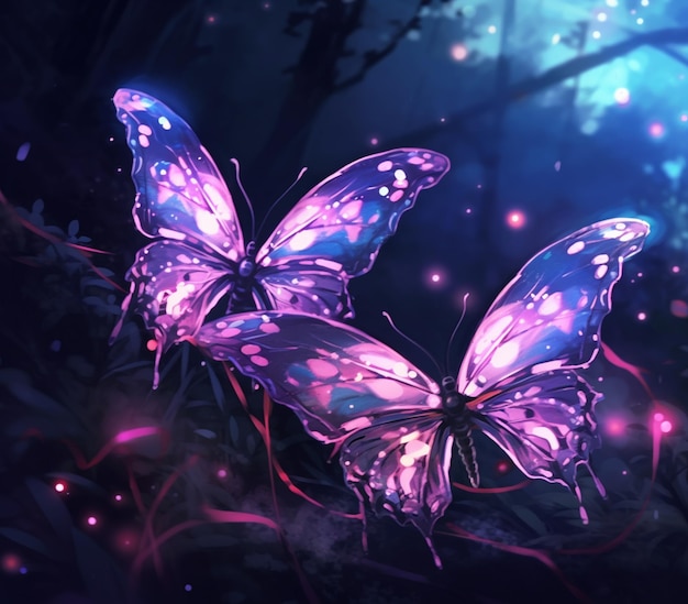 Schmetterlinge am Nachthimmel mit leuchtenden Lichtern und Bäumen