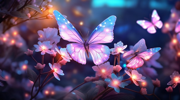 Schmetterlinge fliegen in der Luft mit rosa Blumen und generativer KI des blauen Himmels