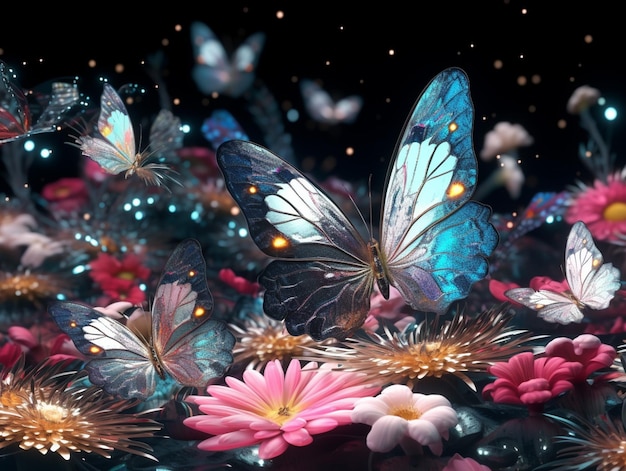 Schmetterlinge fliegen über ein Blumenfeld mit rosa Blüten