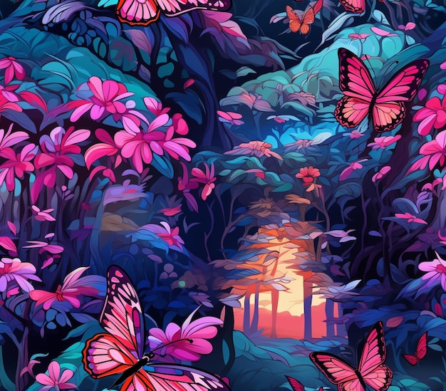 Schmetterlinge fliegen über einen Fluss in einem bunten Wald.