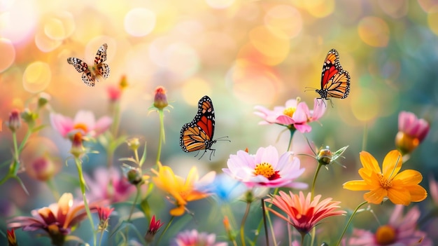 Schmetterlinge fliegen um Blumen und Schmetterlingen auf dem Boden