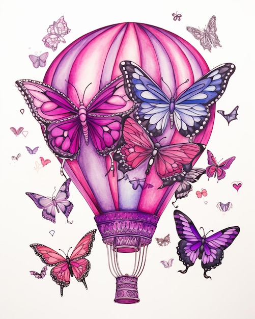 Schmetterlinge fliegen um einen Heißluftballon mit einem rosa und lila Design generative ai