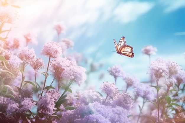Schmetterlinge fliegen zum Frühlingskonzept der lila Blumen