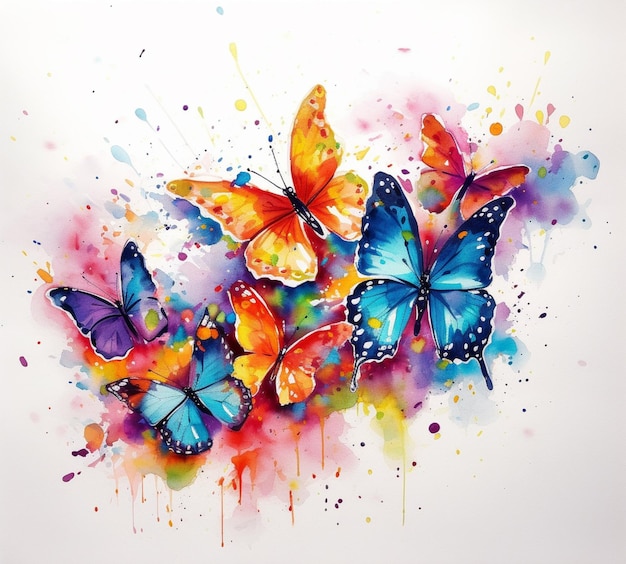 Schmetterlinge in Aquarell auf weißem Hintergrund gemalt, generative KI