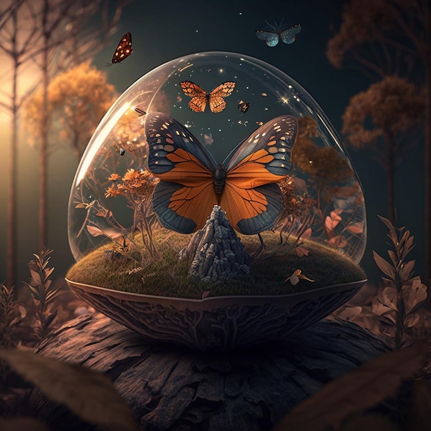 Schmetterlinge in einer Glaskuppel mit Moos und Blumen im Hintergrund generative KI