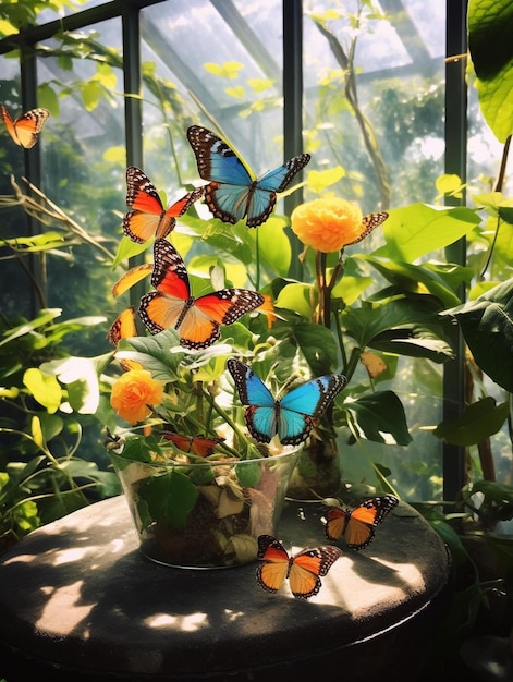 Schmetterlinge in einer Glasvase mit Blumen im Hintergrund