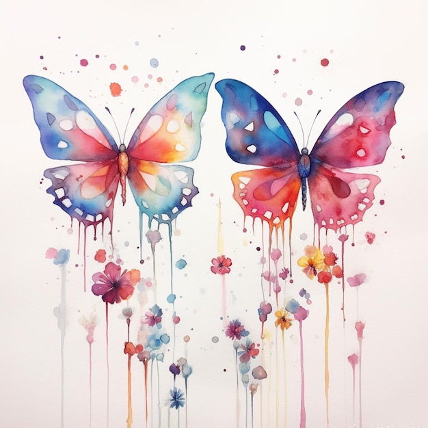 Schmetterlinge mit bunten Farbtropfen und Blumen auf weißem Hintergrund, generative KI
