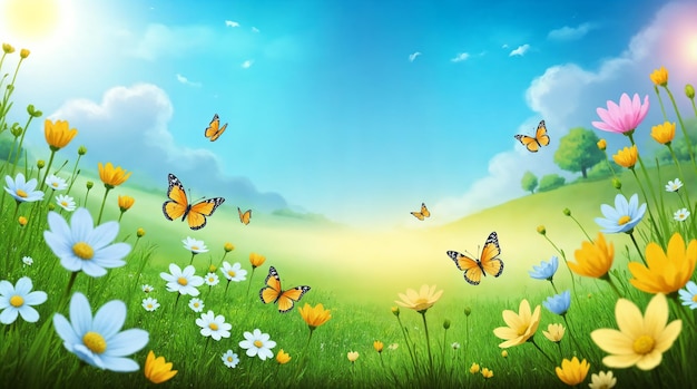 Schmetterlinge und Blumen auf einer sonnigen Wiese