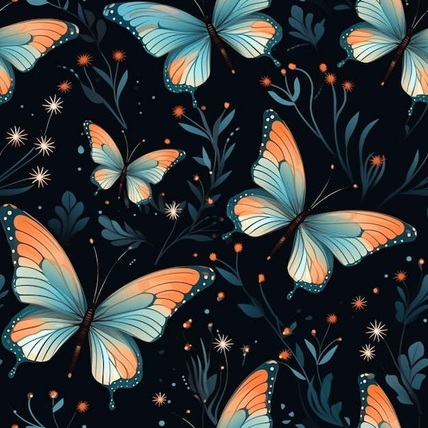 Schmetterlinge und Blumen auf schwarzem Hintergrund mit orange und blauen Farben generativ ai