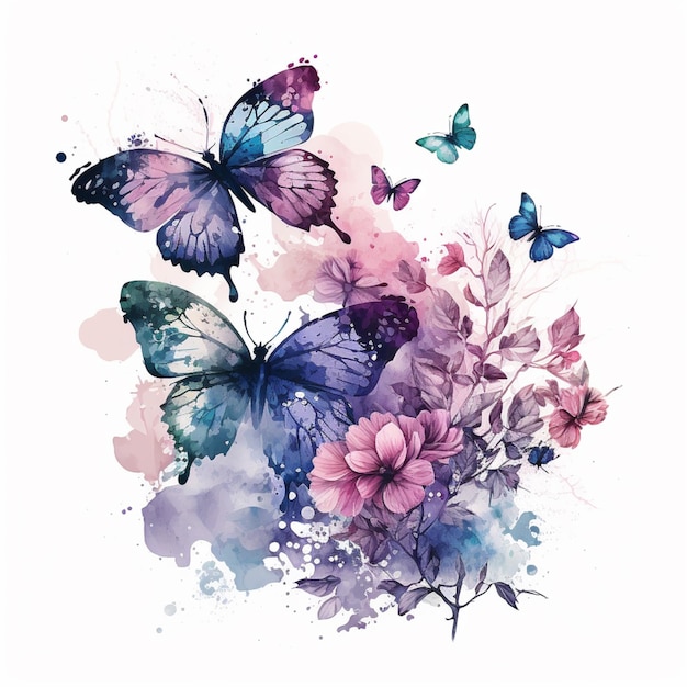 Schmetterlinge und Blumen in Aquarell auf weißem Hintergrund gemalt, generative KI