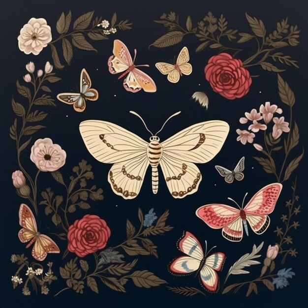 Schmetterlinge und Blumen in einem Kreis mit schwarzem Hintergrund, generative KI