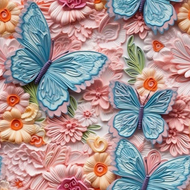 Schmetterlinge und Blumen sind auf einer rosa Oberfläche mit einem weißen Hintergrund generativ ai