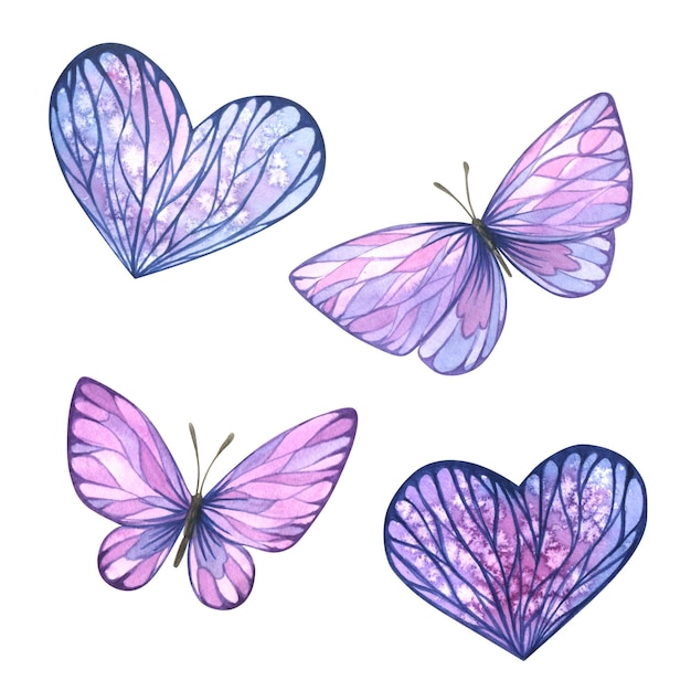 Schmetterlinge und Herzen in lila Farbe Abstrakte Aquarellillustration Eine Reihe von Objekten aus einer großen Reihe von Lavender SPA Für Dekorationsdesign und Komposition Aufkleber Postkarten Poster