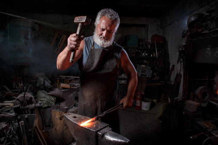 Foto schmied handwerker in schürze arbeitet in der schmiede