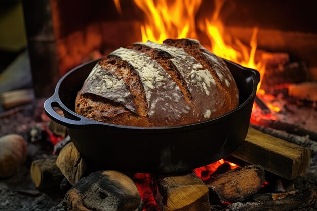 Schmortopf aus Gusseisen mit frisch gebackenem Brot