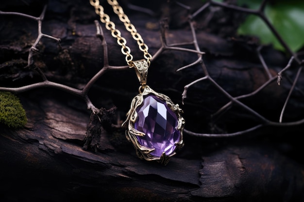 Schmuck Anhänger mit Edelstein Amethyst auf Holzzweig dunkler Hintergrund Hochwertiges Foto