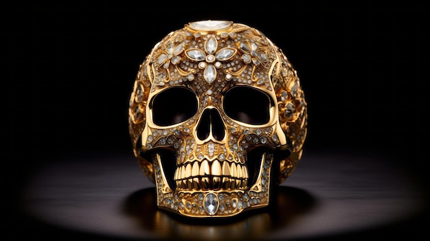 Schmuckschädel aus Goldrubinen, Diamanten und Topasen auf schwarzem Hintergrund