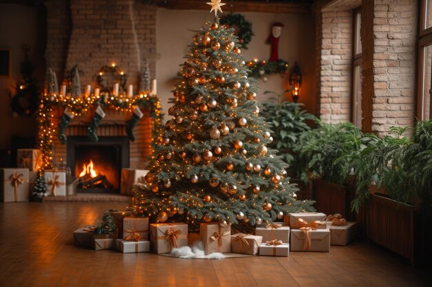 Schmücken Sie einen Weihnachtsbaum in einem gemütlichen Wohnzimmer