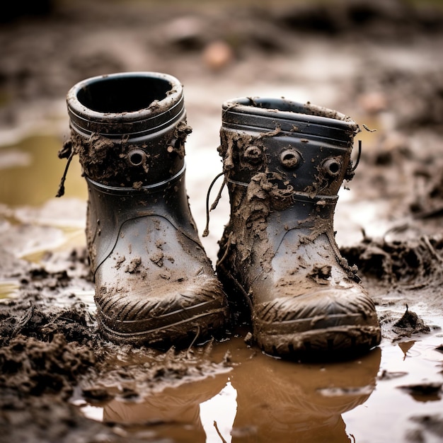 Schmutzige alte Herrengummistiefel stehen in einer schlammigen Pfütze. Rubber Boot Day. Bequeme, wasserdichte Schuhe