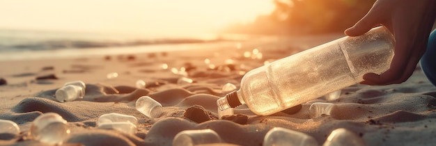 Schmutzige Flasche Wasser am Strand Ökologiebannerai