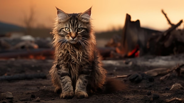 schmutzige Katze in Trümmern