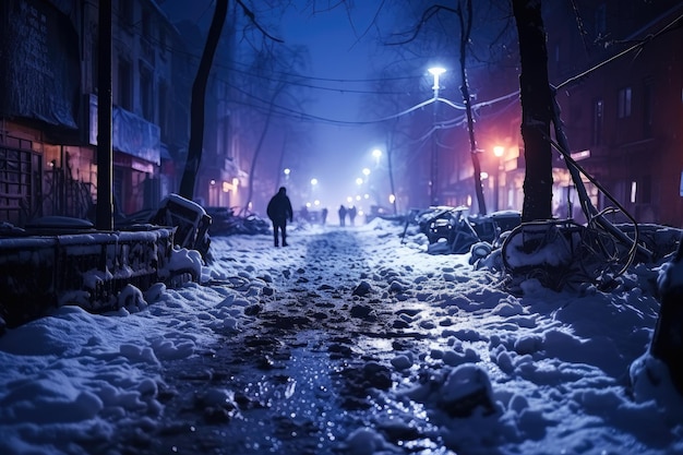 Schmutzige Slums in einem armen Stadtteil der Stadt schneebedeckte Straße im Vorort im Winter am Silvesterabend