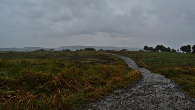 Foto schmutzige straße auf einem feld gegen einen bewölkten himmel