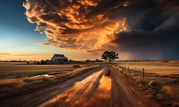 Schmutzige Straße auf einem Feld unter bewölktem Himmel