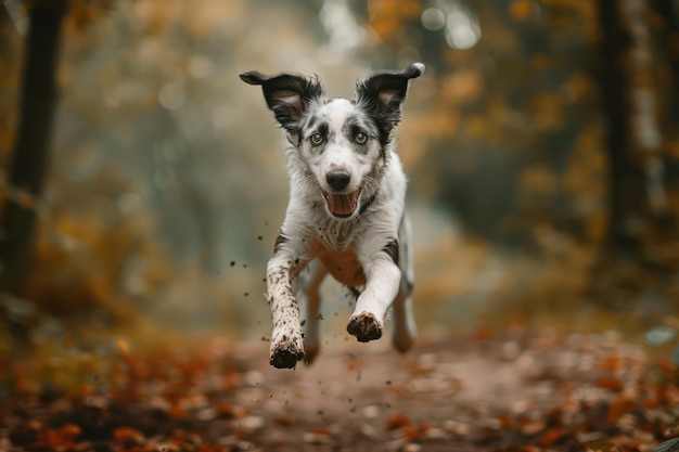 schmutziger fröhlicher Hund springt Natur Hintergrund