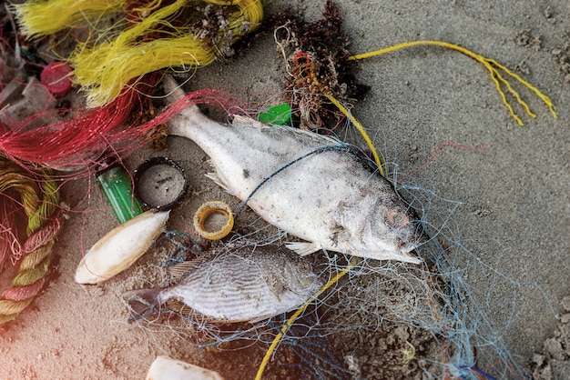 Schmutziger Strand von der Plastikmüllproblemumgebung.