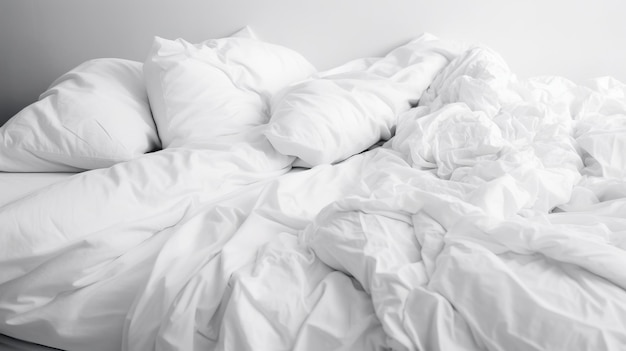 Schmutziges Bett im Schlafzimmer mit nicht gereinigter Matratze und Bettwäsche, durch die KI verursachte Unordnung