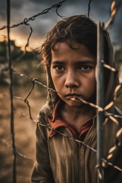 schmutziges Gesicht, tiefer Blick, traurige Kinder im Flüchtlingslager, Krieg, Klimawandel und globales Politikkonzept