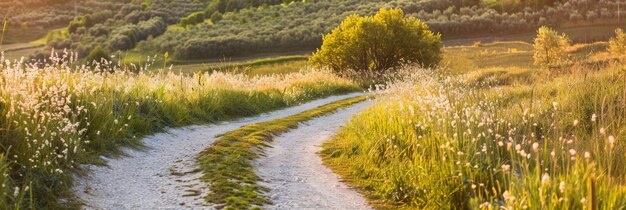 Schmutzstraße, die durch ein Grasfeld schneidet, generative KI