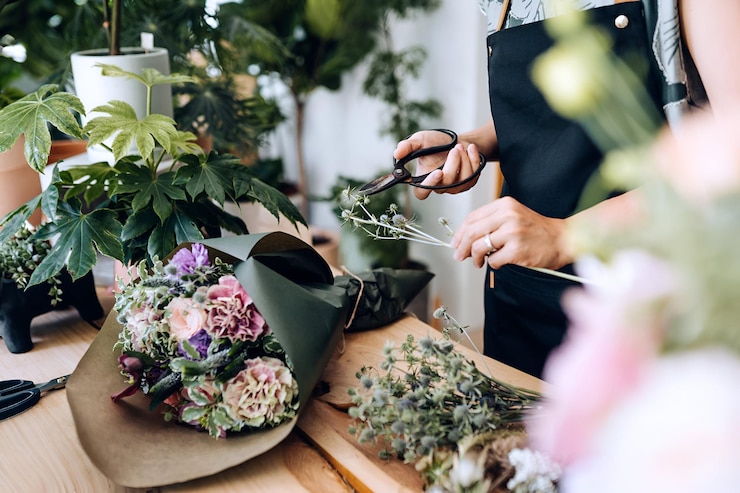 Foto schnappschuss einer asiatischen floristin, inhaberin eines kleinen blumenladens, der einen blumenstrauß auf einem holztisch schneidet und arrangiert. tägliche routine bei der führung eines kleinunternehmens. kleinunternehmenskonzept