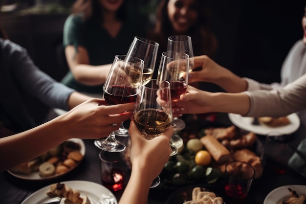 Schnappschuss einer Gruppe von Freunden, die mit Champagner anstoßen, der mit generativer KI erstellt wurde