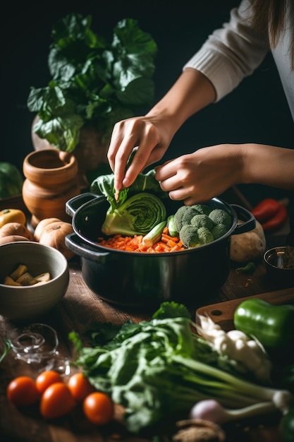 Schnappschuss einer jungen Frau, die Gemüse kocht, um mit generativer KI eine Suppe zuzubereiten