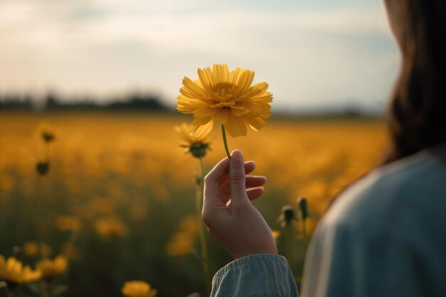 Foto schnappschuss einer nicht wiederzuerkennenden frau, die auf dem feld eine blume hochhält